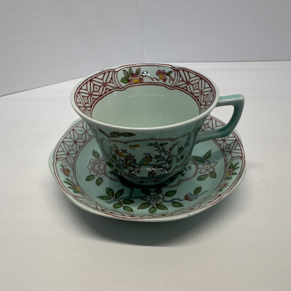 Adams Calyx Ware Ironstone Cup & Saucer Set Green Floral Bird England 2pc